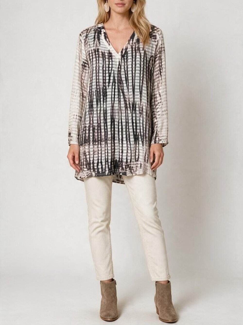 YAUVAN TIE DYE STRIPED SEMI-SHEER TUNIC DRESS